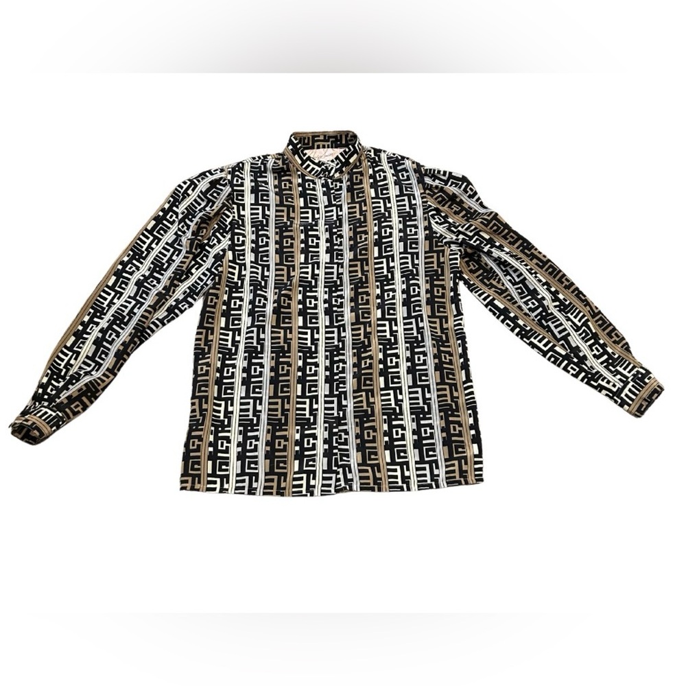 Vintage Jaclyn Smith Patterned Button Down Blouse | Size 8 | Black/Tan